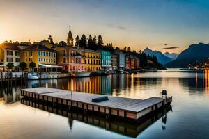 une magnifique le coucher du soleil plus de Lac Côme dans Italie. généré par ai photo