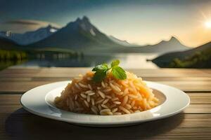 une assiette de riz avec une Montagne dans le Contexte. généré par ai photo
