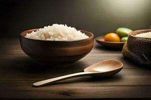 une bol de riz et une en bois cuillère sur une en bois tableau. généré par ai photo
