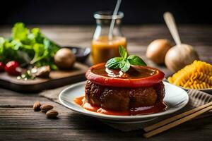 une assiette avec une boulette de viande et sauce sur il. généré par ai photo