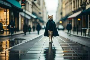 une Renard des promenades vers le bas une rue dans le pluie. généré par ai photo