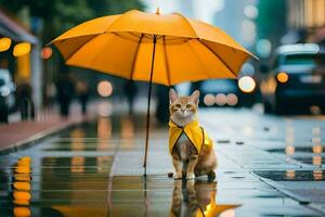 une chat dans une imperméable avec un parapluie. généré par ai photo