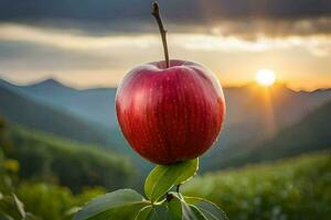 une rouge Pomme est sur une plante dans de face de une Montagne. généré par ai photo