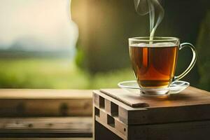 une tasse de thé sur une en bois tableau. généré par ai photo