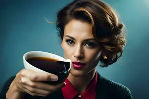 une femme en portant une tasse de café. généré par ai photo