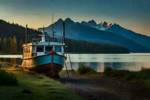 une bateau est assis sur le rive de une Lac avec montagnes dans le Contexte. généré par ai photo