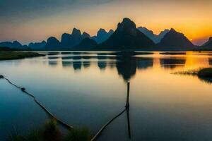 le Soleil ensembles plus de le montagnes dans Chine. généré par ai photo