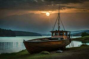 une bateau est assis sur le rive de une Lac à le coucher du soleil. généré par ai photo