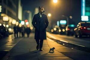 une homme dans une costume et attacher en marchant le sien chien sur une ville rue à nuit. généré par ai photo