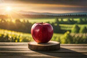 un Pomme est assis sur une en bois table dans de face de une champ. généré par ai photo