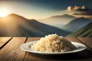 une assiette de riz sur une en bois table dans de face de montagnes. généré par ai photo
