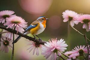 une oiseau est assis sur une branche avec rose fleurs. généré par ai photo