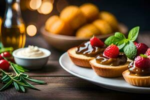 petit petits gâteaux avec baies et crème sur une plaque. généré par ai photo