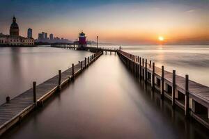 une jetée avec une phare à le coucher du soleil. généré par ai photo