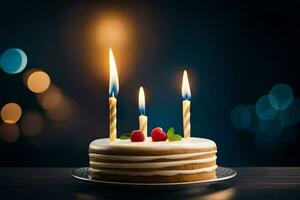 anniversaire gâteau avec bougies sur une foncé Contexte. généré par ai photo