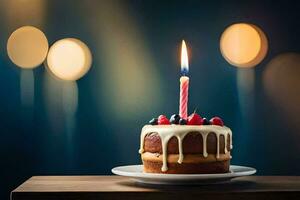 une anniversaire gâteau avec une allumé bougie sur Haut. généré par ai photo
