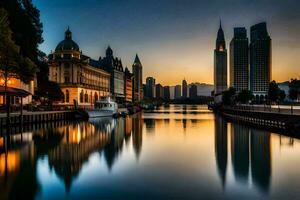 le ville horizon est réfléchi dans le l'eau à le coucher du soleil. généré par ai photo