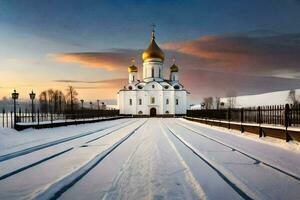 une église dans le neige avec d'or dômes. généré par ai photo