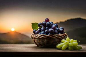 les raisins dans une panier sur une table avec une le coucher du soleil dans le Contexte. généré par ai photo