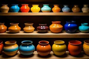 une étagère plein de coloré des vases sur une en bois étagère. généré par ai photo