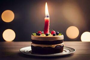 une anniversaire gâteau avec une allumé bougie. généré par ai photo