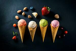 cinq la glace crème cônes avec différent les saveurs sur une noir Contexte. généré par ai photo