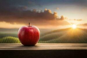 un Pomme est assis sur une en bois table dans de face de une le coucher du soleil. généré par ai photo