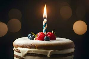 une anniversaire gâteau avec une allumé bougie. généré par ai photo