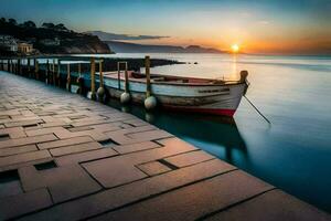 une bateau est assis sur le Dock à le coucher du soleil. généré par ai photo