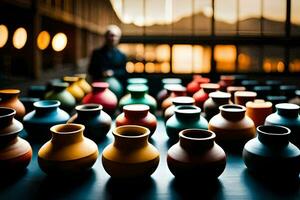 une homme permanent dans de face de une grand groupe de vases. généré par ai photo