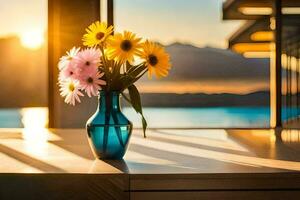 tournesols dans une vase sur une table dans de face de une la fenêtre. généré par ai photo