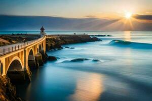 le Soleil monte plus de le océan et une pont. généré par ai photo