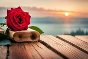 une rouge Rose est assis sur Haut de une en bois table avec le Soleil réglage derrière il. généré par ai photo