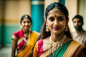 une femme dans traditionnel sari avec or bijoux. généré par ai photo