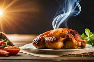 une assiette avec une poulet sur il et une fumée à venir en dehors de il. généré par ai photo