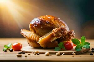 une pièce de poulet sur une en bois Coupe planche. généré par ai photo