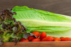 gros plan chêne rouge, romaine et tomates cerises photo