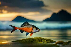 une poisson est permanent sur le plage à le coucher du soleil. généré par ai photo