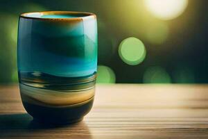 une tasse de café sur une en bois tableau. généré par ai photo