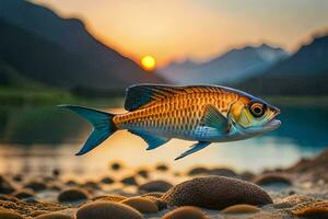 une poisson est nager dans le l'eau à le coucher du soleil. généré par ai photo