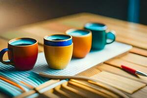 Trois café tasses sur une tableau. généré par ai photo