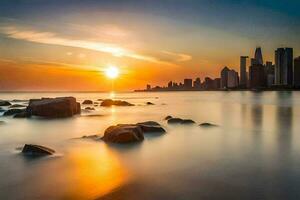 le Soleil ensembles plus de le ville horizon dans Chicago. généré par ai photo