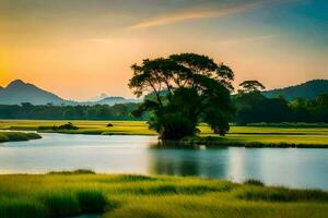 une arbre des stands dans le milieu de une rivière à le coucher du soleil. généré par ai photo