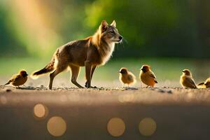 une Renard et sa Jeune des oiseaux sur une saleté route. généré par ai photo