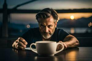 une homme est séance à une table avec une tasse de café. généré par ai photo