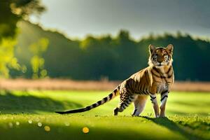 une tigre est permanent dans le herbe. généré par ai photo