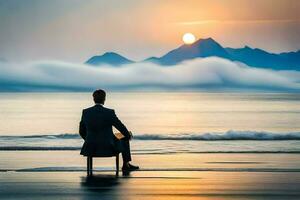 une homme dans une costume est assis sur une banc surplombant le océan. généré par ai photo