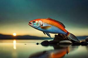 une poisson est permanent sur une Roche dans le l'eau. généré par ai photo