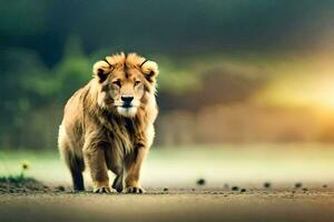 Lion en marchant sur le route. généré par ai photo