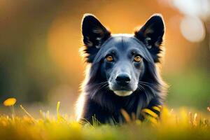 une noir chien est séance dans le herbe. généré par ai photo